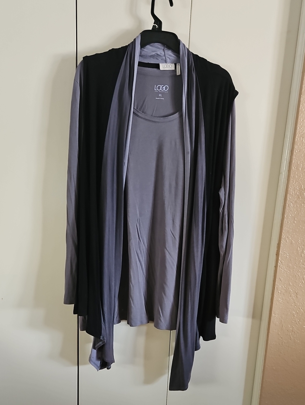 LOGO Two-Tone Draped Open Cardigan - Charcoal & Black with Matching  Gray Tee